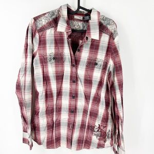 Harley-Davidson® Women's Crowned Heart Plaid Long Sleeve Woven Shirt LARGE